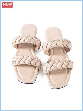 Women's Hand-Woven Braided Flat Sandals Square Toe Slip On Summer Beach